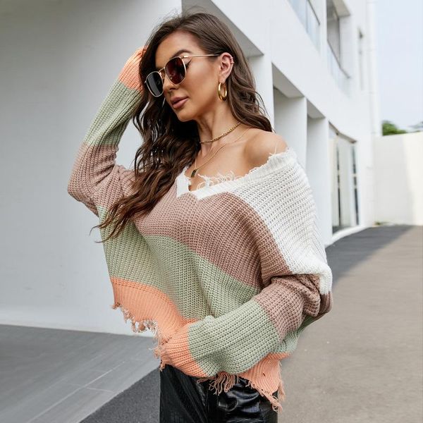 

women's sweaters luoyiyang casual knitted sweater long sleeve loose fashion tassel stitching v-neck for women autumn winter, White;black