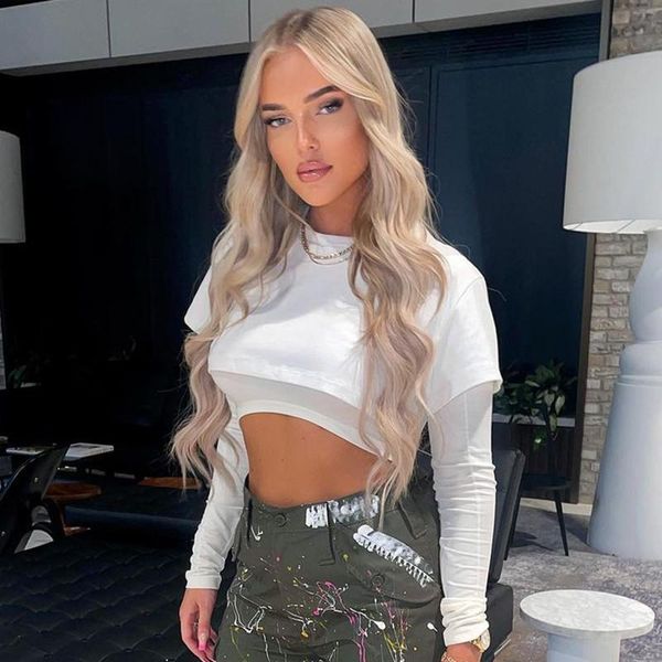 

women's t-shirt women fall spring grunge pullover fake two-piece crop mesh patchwork long sleeve o neck t-shirts female fashion street, White