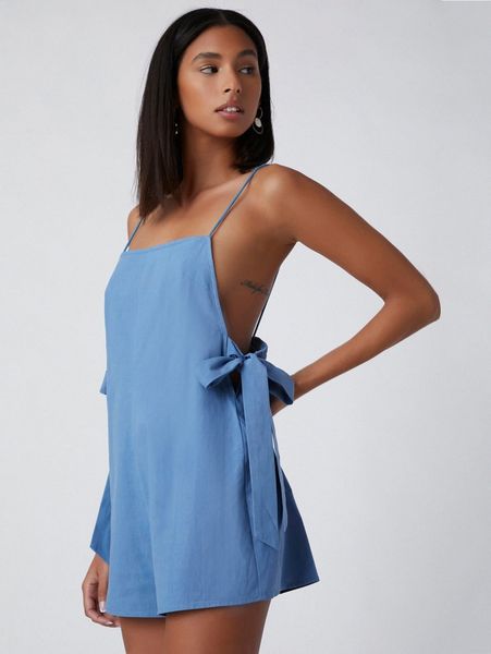 

solid tie side backless cami romper t5st#, White