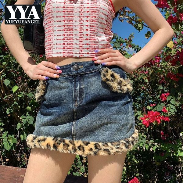 

women leopard tassel denim skirts retro mini summer designer streetwear ladies short wrap jean s m, Black