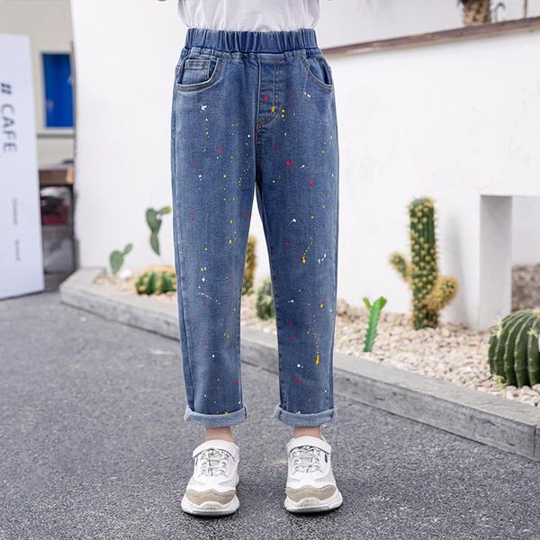 

jeans ins girls 4-13 years old cotton washed kids korean colored paint spots children's clothing ripped, Blue