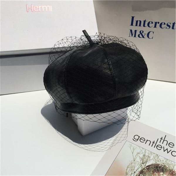 

women head accessories solid beanies berets caps pu leather hats lady autumn winter skull hat beanies bonnet with veil mesh caps, Blue;gray