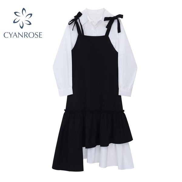 

fashion elegant black strap dress women + long sleeve white shirt casual autumn korean two pieces set female dresses 210417, Black;gray