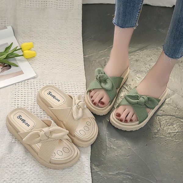 

slippers wohdhe women summer 2021 platform wedges mid heels bow tie peep toe fashion slides beach outdoor ladies shoes, Black