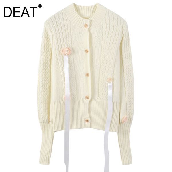 

[deat] o-neck collar solid beige single breasted lace knitted cardigan mall goth casual style sweater women spring gx377 210428, White;black