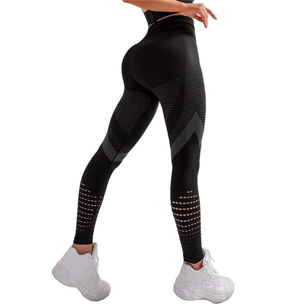 

chrleisure hollow out leggings women high waist seamless patchwork fitness pants women push up breathable skinny gym leggings 211108, Black