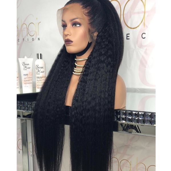 

yaki 26 inch long kinky straight lace front wig for women with babyhair high temperature fiber daily wear yaki middle part deep part glueles, Black;brown