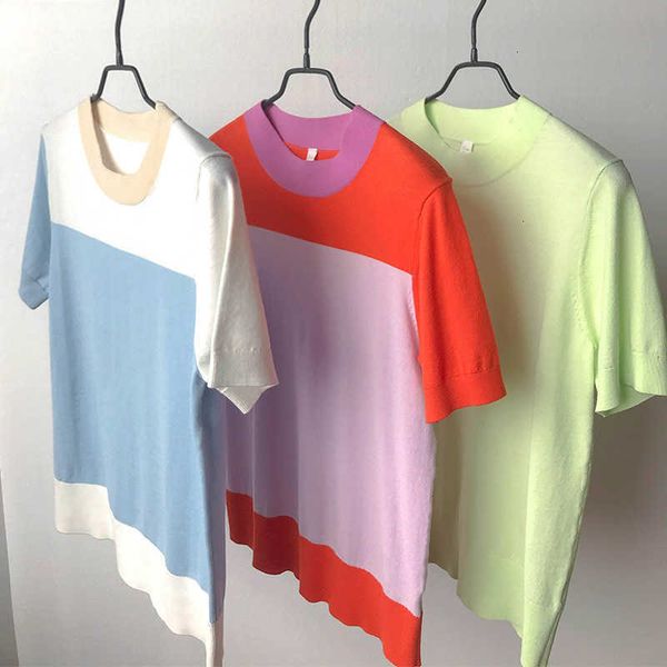 

women's t-shirt t shirt women knitted t-shirt o-neck color patchwork short-sleeved female casual tees s 5lwh, White