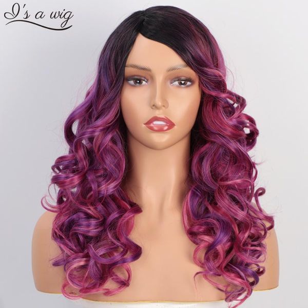 

i's a wig natural wave synthetic long wigs red mixed purple for women colorful cosplay costume partial hair1, Black