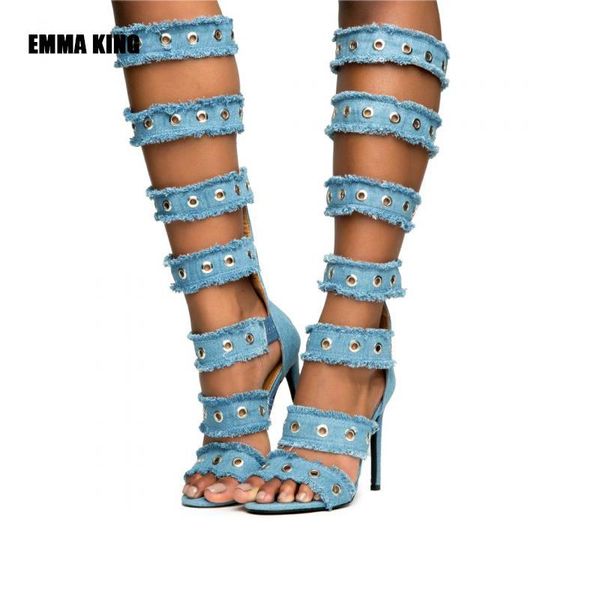 

boots black blue cowboy for women open toe jeans high heel gladiator shoes cut-outs summer sandals boot 2021