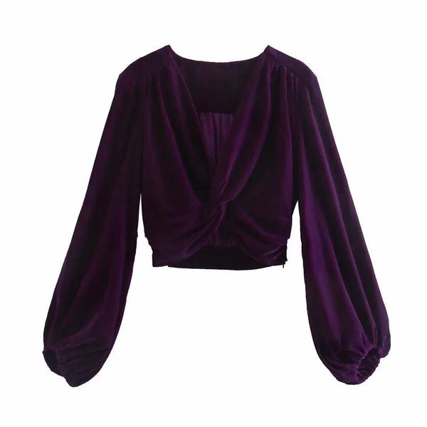 

women fashion v-neck velvet smock blouse office lady side zipper vintage solid cropped shirt chic blusas women's jackets, Black;brown