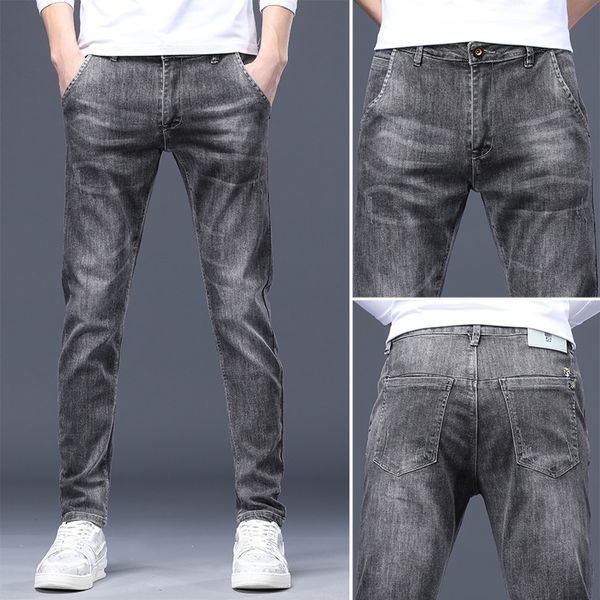 

fashion jeans men's straight casual pants korean slim embroidery printing stretch, Blue