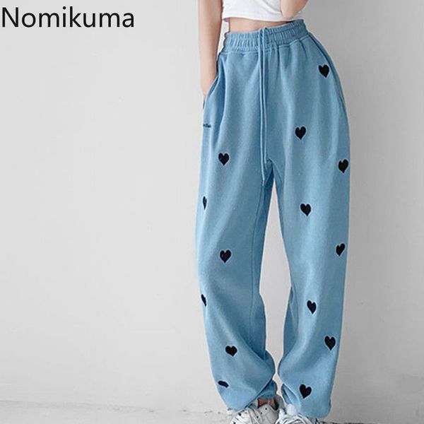 

nomikuma korean love heart embroidery causal sweatpants lace up stretch high waist trousers women harem long pants 6f875 210427, Blue