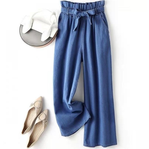 

arrival summer women loose casual elastic waist straight pants all-matched cotton denim ankle-length jeans w254 210512, Blue