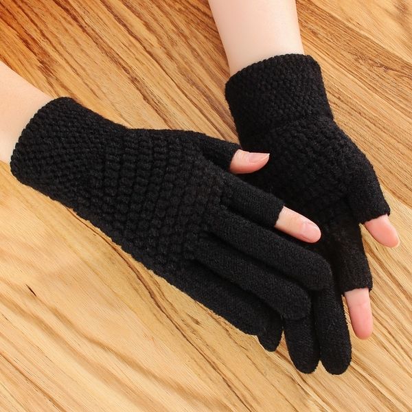 

Mvx female winter half warm thick pile knitting wool leakage two fingers writing mittens game playing wool phone gloves mobile fingerless g, Blue;gray