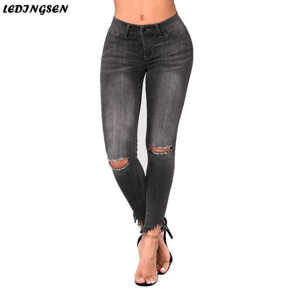 

women's jeans ledingsen 2021 womens black skinny ripped high waist vintage slim fit distressed denim for women plus size 4xl, Blue