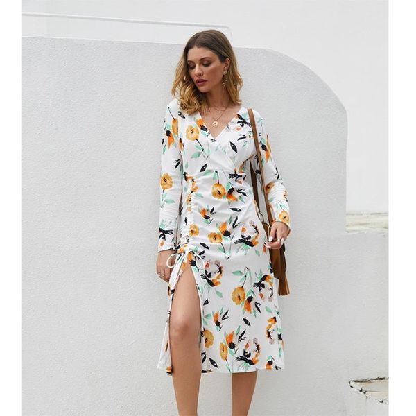

summer autumn women long sleeves v neck dress floral printed high slit midi pullover party cocktail sundress casual dresses, Black;gray