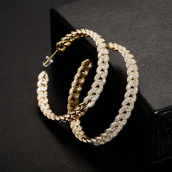 

hip hop iced out stud large size cuban chain earring cz hoop round earrings gold silver plated mens bling jewelry, Golden;silver