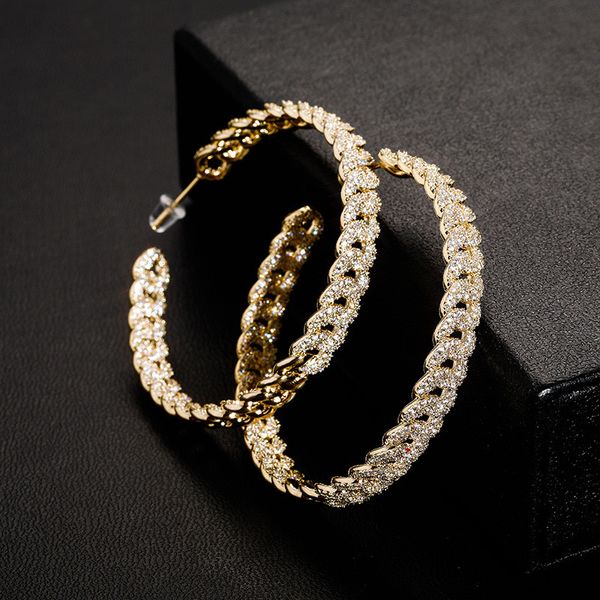 Hip Hop Gelado Out Grande Tamanho Grande Chain Corrente Brinco Cz Azulejo Redondo Brincos De Ouro Prata Banhado Mens Bling Jóias