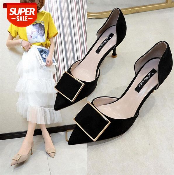 

fashion square buckle girl high heels stiletto net red black french pointed toe shoes #qn0i