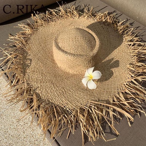 

wide brim hats 2021 natural raffia straw hat summer for women large sun protection lady gilrs holiday panama beach, Blue;gray