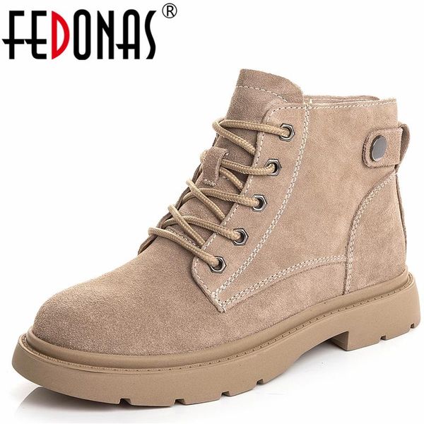 

boots fedonas suede women ankle fashion lace-up platforms thick heels casual autumn winter shoes woman 2021 motorcycle, Black