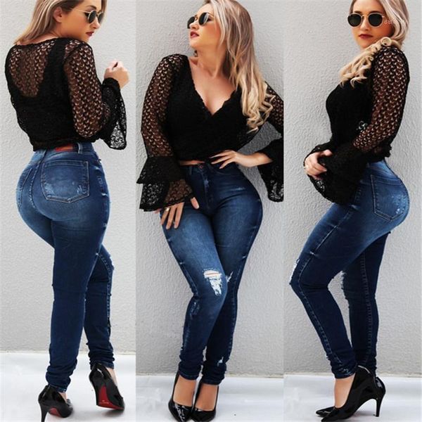 

women's jeans 2021 autumn high waist for women stretch ripped bulift fashion skinny denim pencil pants s-2xl, Blue