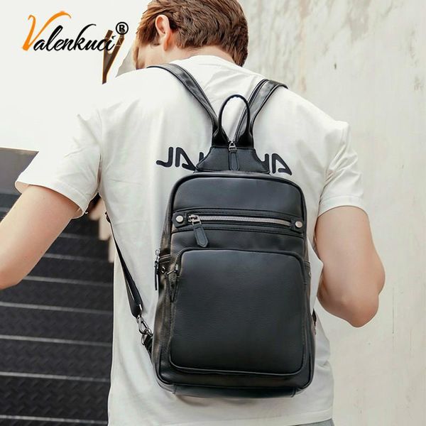 

men's backpack pu leather chest bag black small fashion pockets men travel male