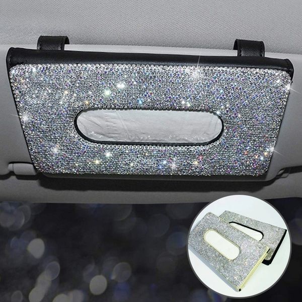 

luxury crystal sun visor diamond leather tissue box universal hanging napkin holder car decoration