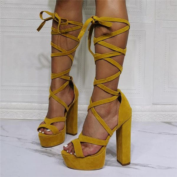 

sandals brand design great quality big size 47 platform gladiator shoelace wrap block high heel party nightclub woman shoes sexy, Black