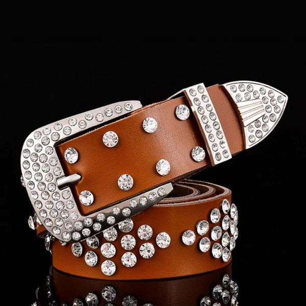 

belts goth belt women fashion western rhinestone cowgirl cowboy bling crystal pin buckle designer luxury men studded cinture, Black;brown