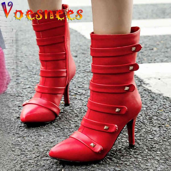 

boots 2021 autumn fashion belt buckle women pointed stiletto high heels 11cm plus size mid-calf short egiz, Black