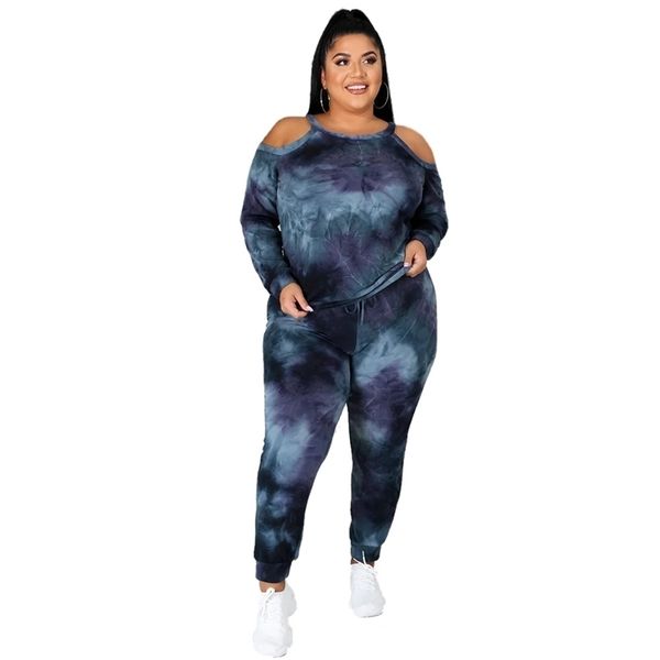 

casual plus size women tie-dye printing tracksuits autumn lady o-neck hollow out tees skinny sport pants two piece sets 210707, White