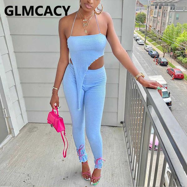 

two piece summer suits backless tube & skinny pants set 210702, White