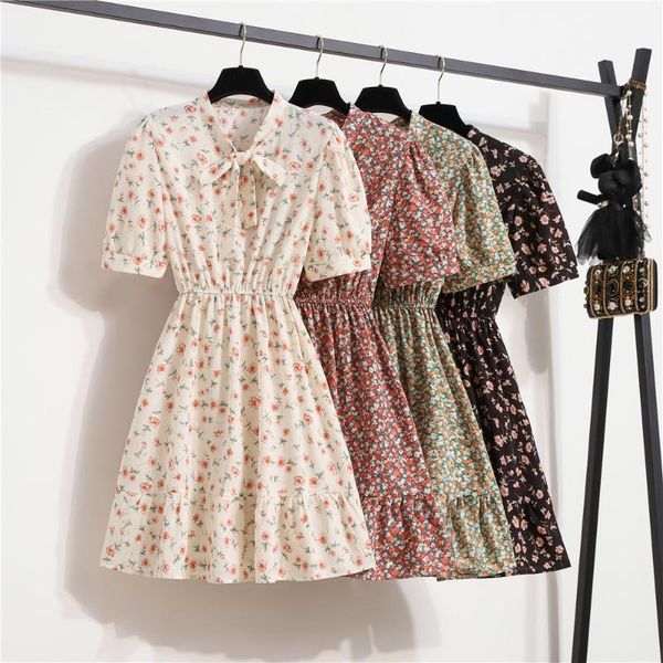 

casual dresses short sleeve chiffon summer dress 2021 women's vintage flower print mini white party sweet vestidos, Black;gray