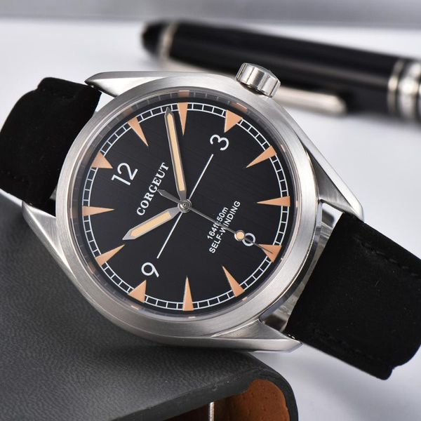 

wristwatches corgeut 41mm automatic mechanical watch men casual leather strap luminous waterproof business wristwatch, Slivery;brown