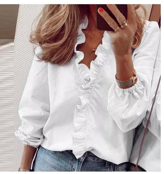 

design blouse shirts office lady spring summer print long sleeve ruffle women blouses v-neck pullover xs, White