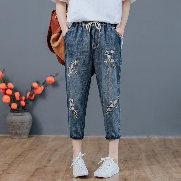 

women's jeans high waist boyfriend for women spring summer 2021 korean plus size print embroidery light blue capri pants