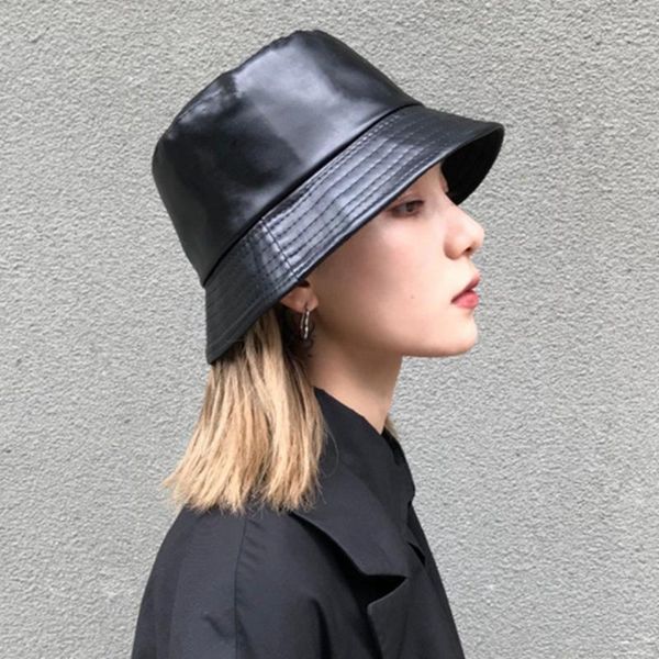 

wide brim hats women pu leather solid bucket foldable sun protection hat men outdoor fisherman caps, Blue;gray