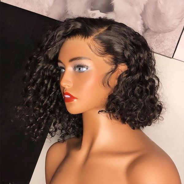 

lace wigs short bob 150% density glueless curly black 13x4 front human hair wig for women babyhair preplucked brazilian remy can dye, Black;brown