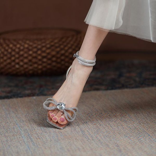 

sandals stiletto heels pvc shoes square toe 2021 summer suit female beige plastic girls bow comfort high black rhinestone dress