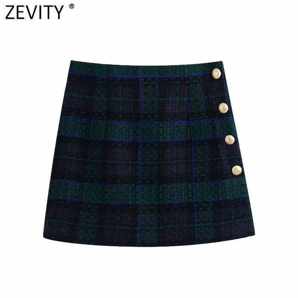 

zevity women vintage plaid print tweed woolen back zipper slim mini skirt faldas mujer lady side buttons chic skirts qun692 210603, Black