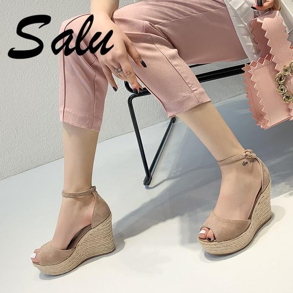 

salu fashion women sandals suede leather platforms prom party wedding summer shoes woman wedges heels rome basic, Black