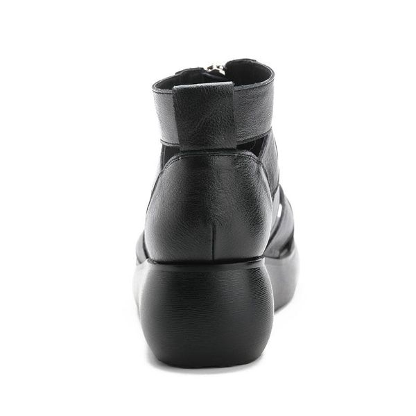

women wedges sandals peep toe front zipper gladiator genuine leather casual platform summer shoes dress, Black