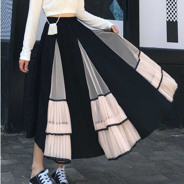 

vintage mesh gothic black long skirt fashion women lolita elastic high waist skirt patchwork casual clothes streetwear 210619