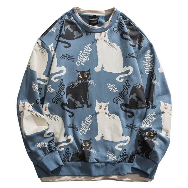 

men's hoodies & sweatshirts american cat print round neck girl long-sleeved shirts autumn couple fake two pullovers loose sport, Black