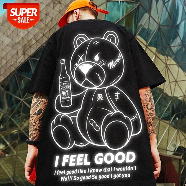 

national tide bear t-shirt fat male ins short-sleeved brand loose summer large size five-point half-sleeved #mi21, White;black
