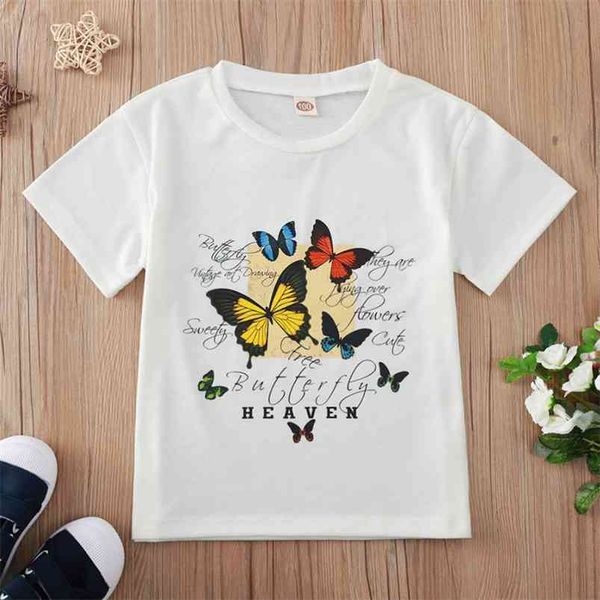

summer style children short sleeve print butterfly letter streetwear cute baby girl or boys t-shirt 3-10t 210629, Blue