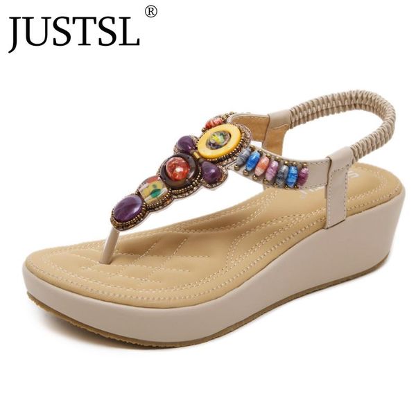 

dress shoes justsl 2021 summer women's bohemian sandals female wedge heel beads women large size for ladies, Black