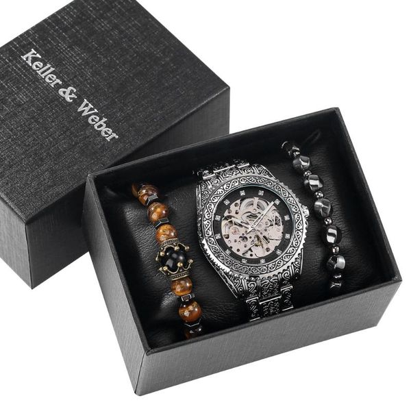

wristwatches mechanical watch men's silver luxury wristwatch black elastic bracelet exquisite christmas gift set with box for man, Slivery;brown
